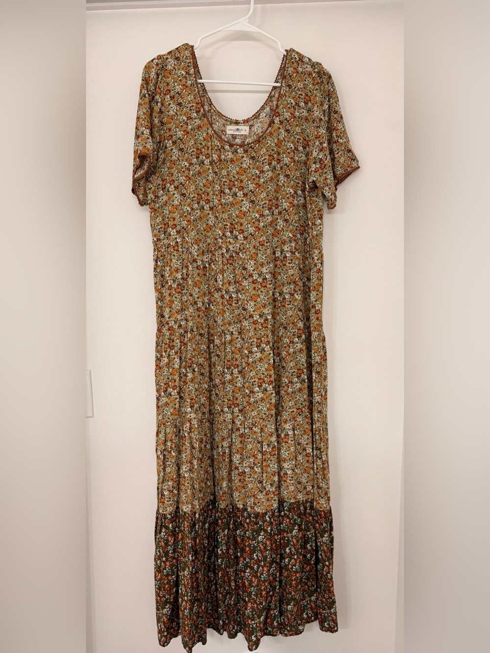 NATURAL LIFE Floral Tiered Maxi Dress in Yellow, Green, Brown and Rust